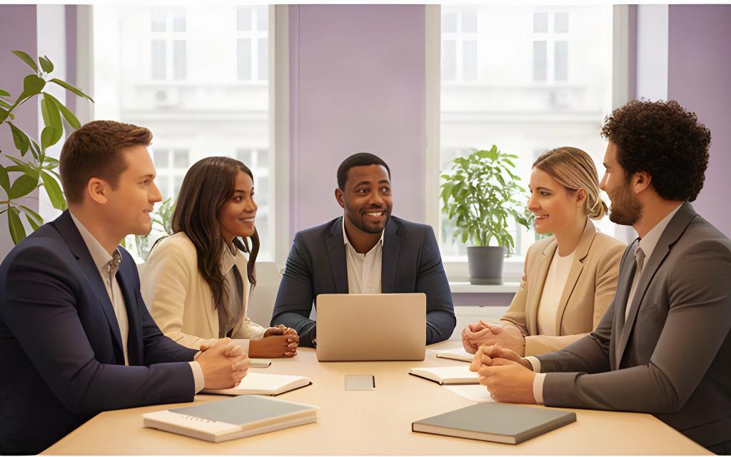 Team von Lichtblick Lösungen GmbH bei der gemeinsamen Arbeit in einem modernen Wiener Büro